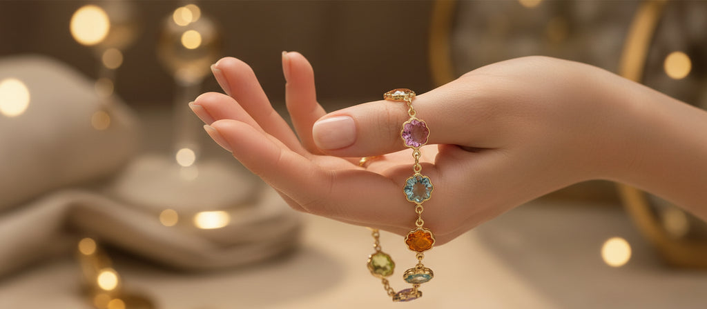 18K Gold Plated Multicolor Crystal Bracelet in 7.5 Inches, rainbow crystal bracelet